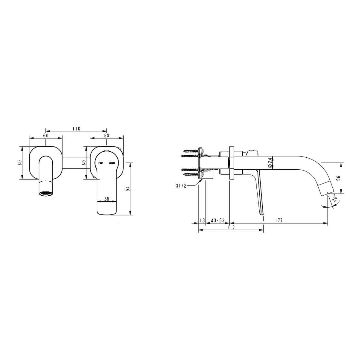 Millennium Cioso Square Wall Basin Mixer with Akemi Handle, Brushed Nickel