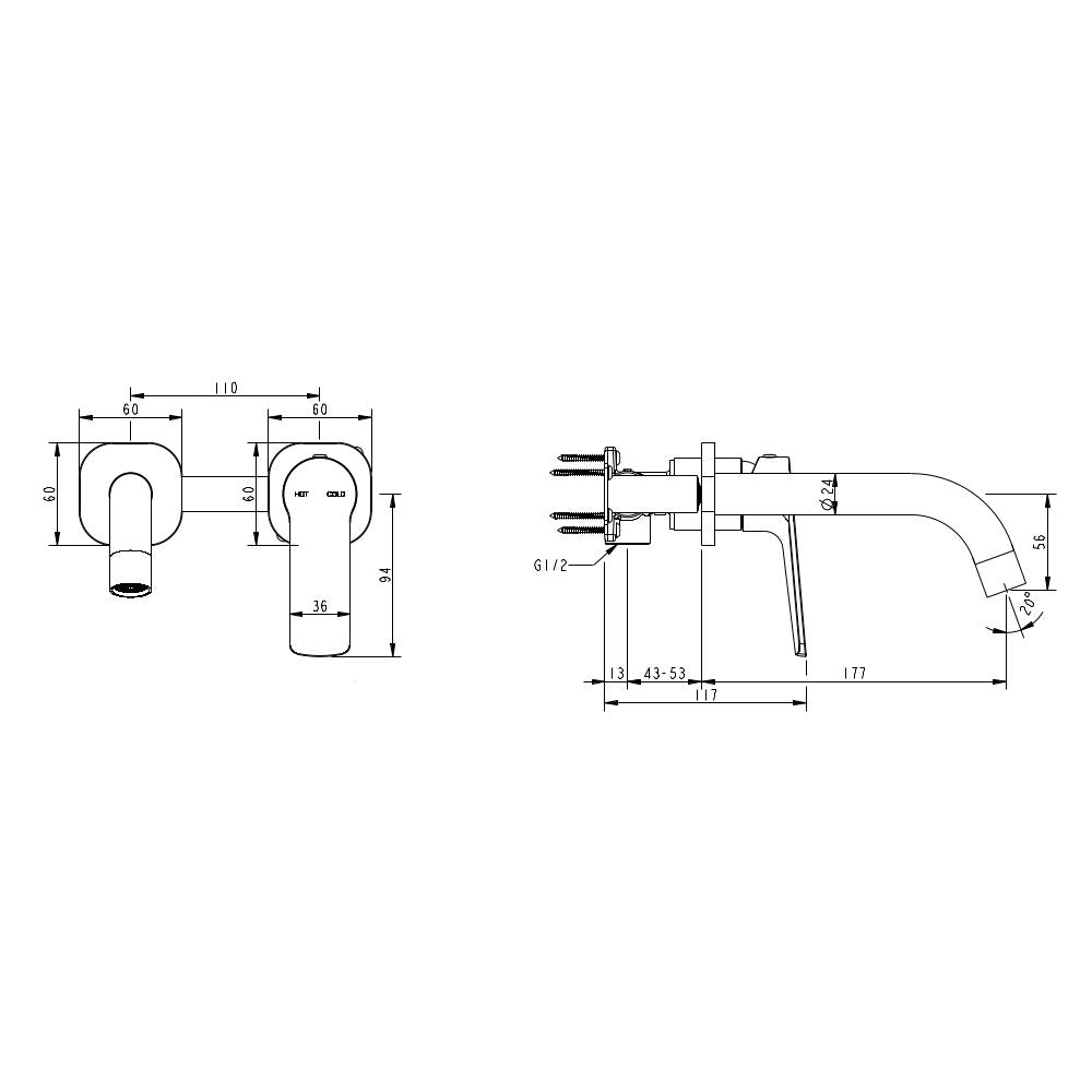 Cioso Square Wall Basin Mixer With Akemi Handle, Modern Brass