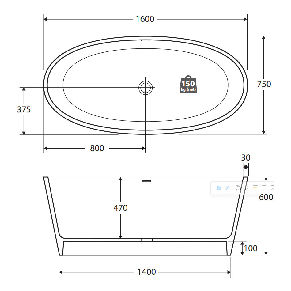 Fienza Lexy Freestanding Solid Surface Bath, 1600mm