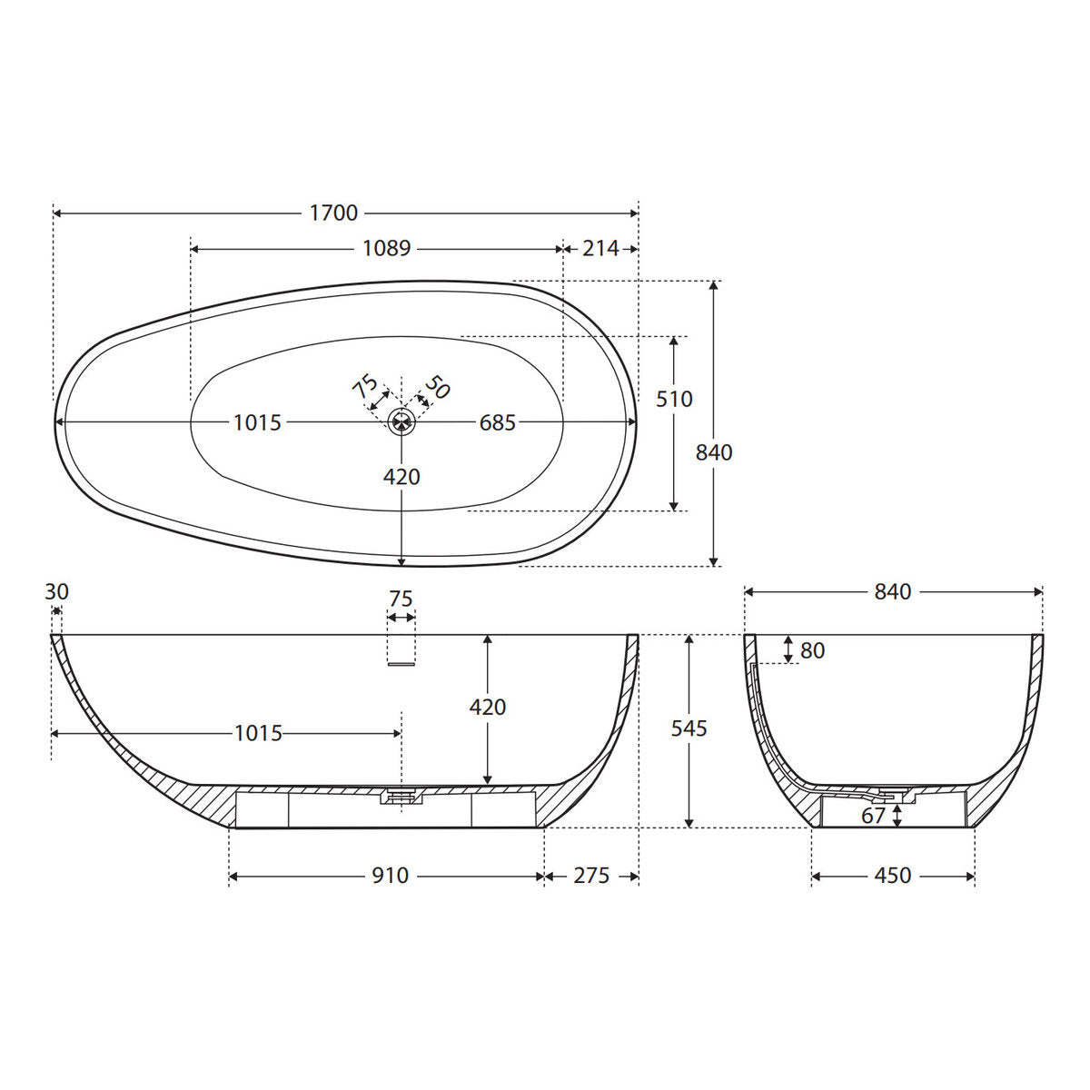 Fienza Bahama Solid Surface Bath, Matte Black, 1700mm