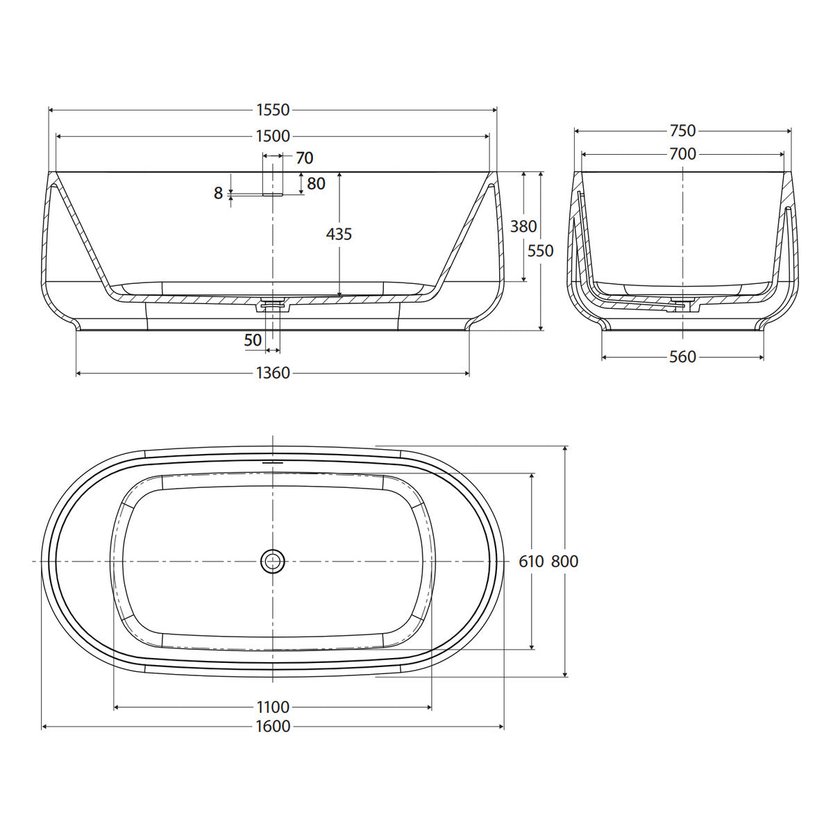 Nuvola Solid Surface Bath, 1600mm, Matte White