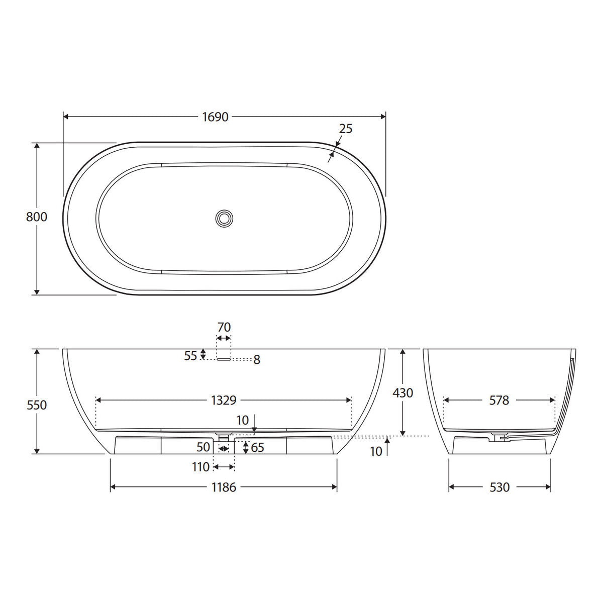 Fienza Luciana Solid Surface Bath, Matte Black, 1690mm