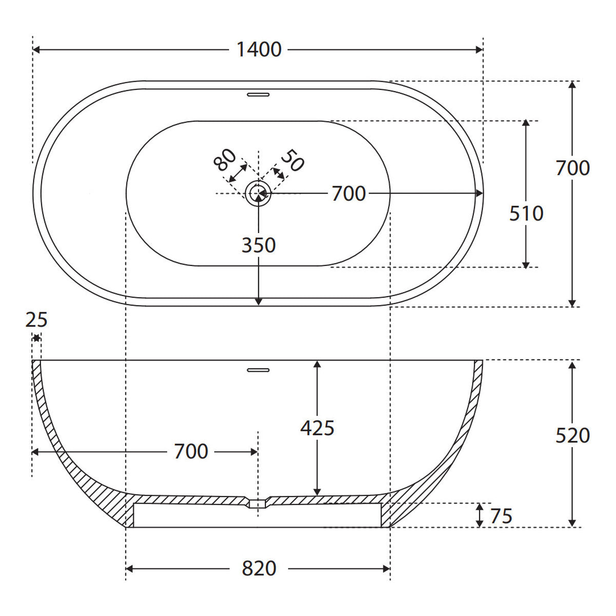Fienza Nero Solid Surface Bath, 1400mm