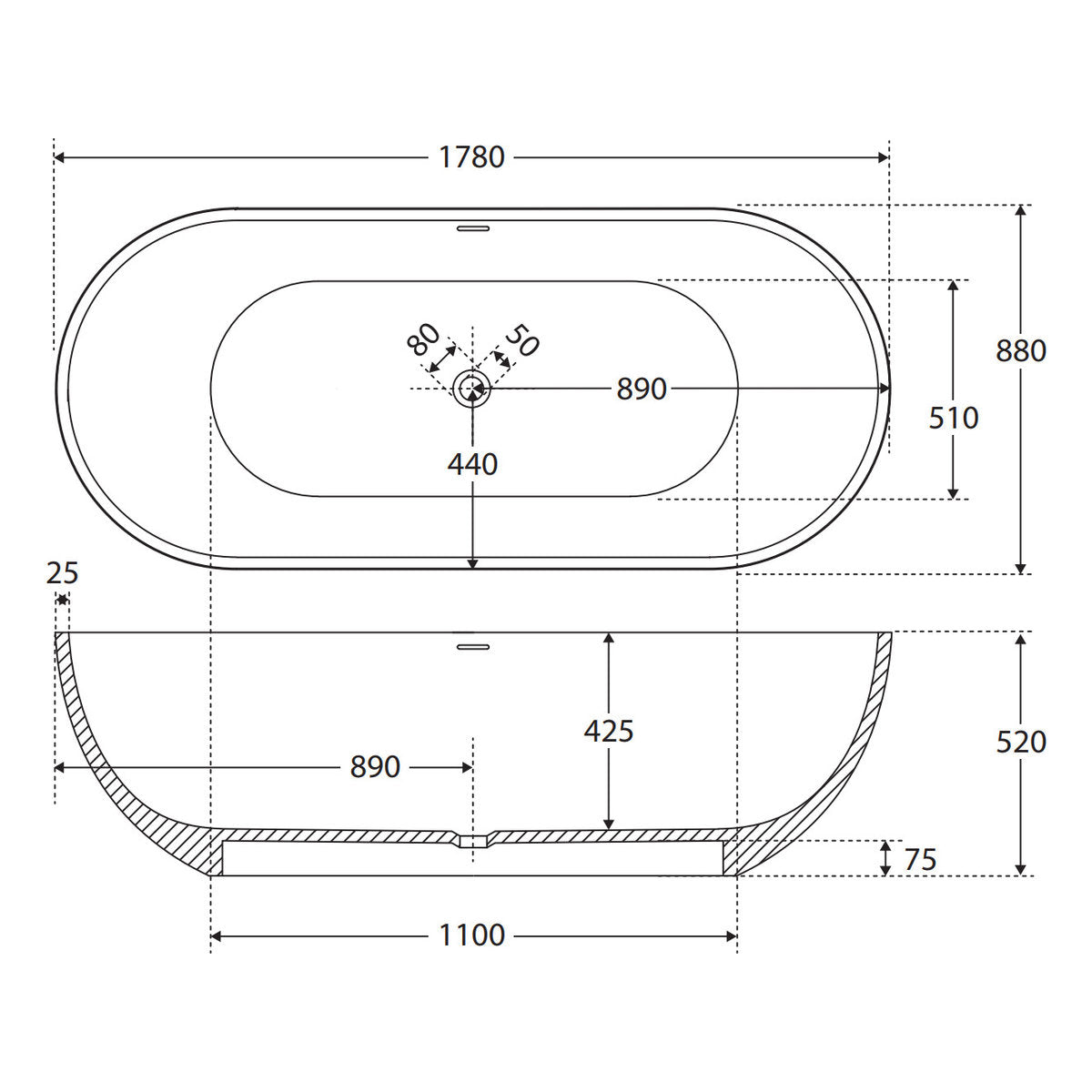 Fienza Nero Solid Surface Bath, 1780mm