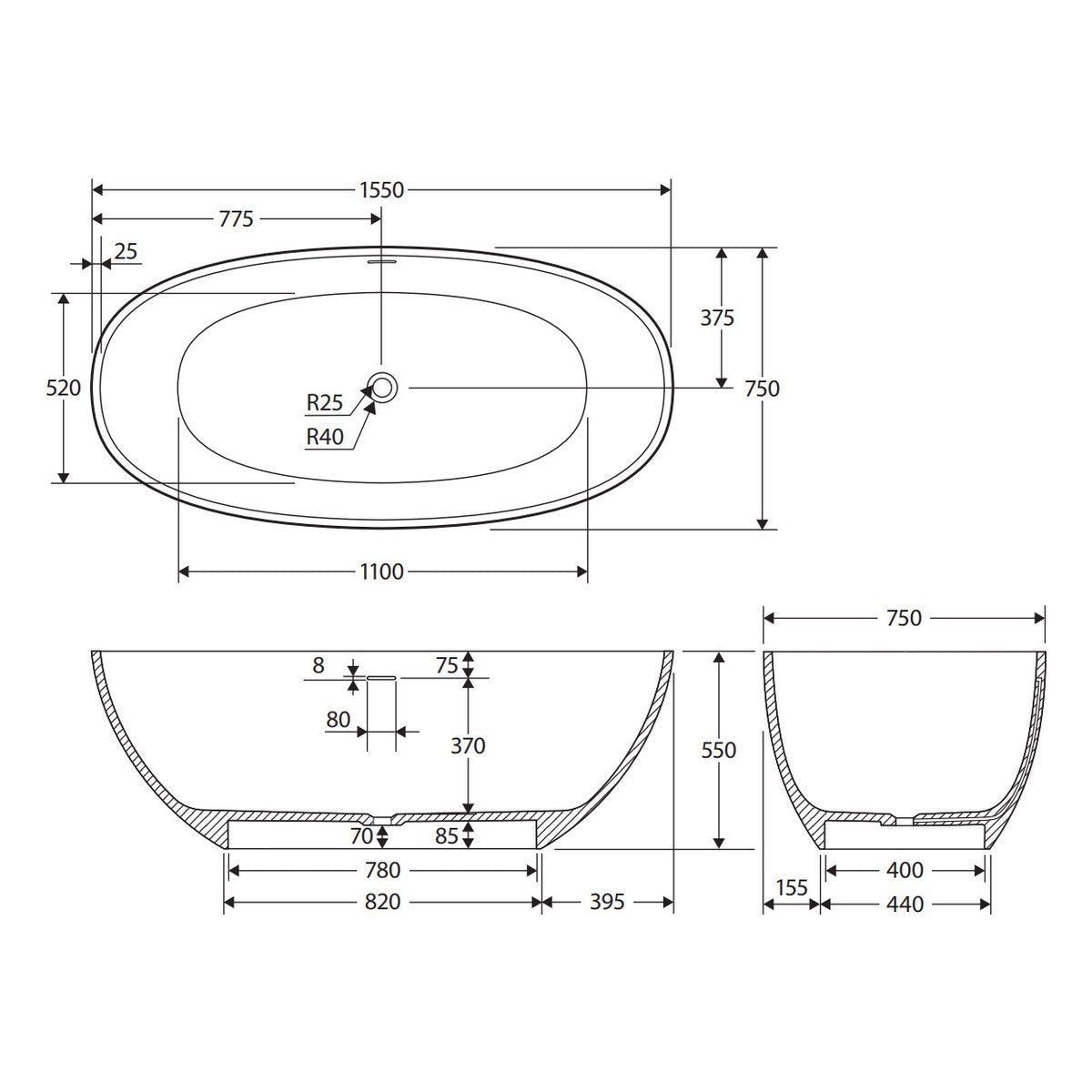 Fienza Sasso Solid Surface Bath, 1550mm