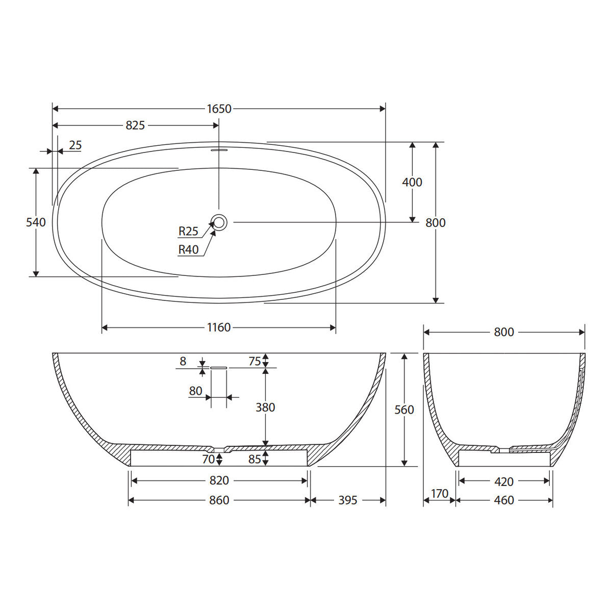 Fienza Sasso Solid Surface Bath, 1650mm