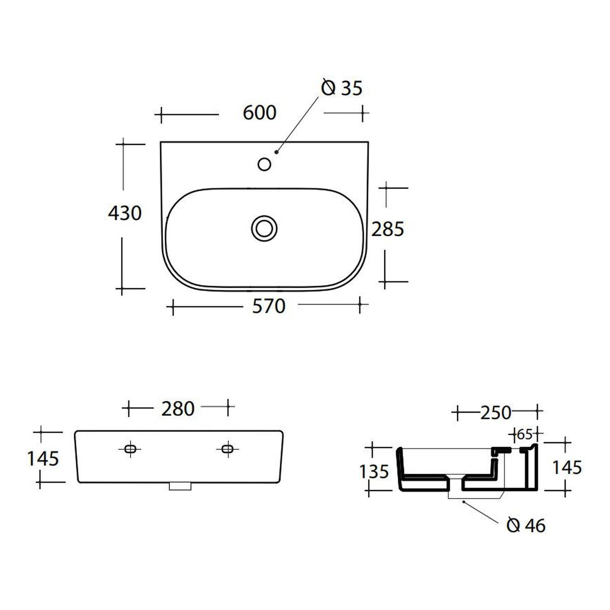 Studio Bagno Synthesis 60 Bench/Wall Basin - No Taphole, Matte White