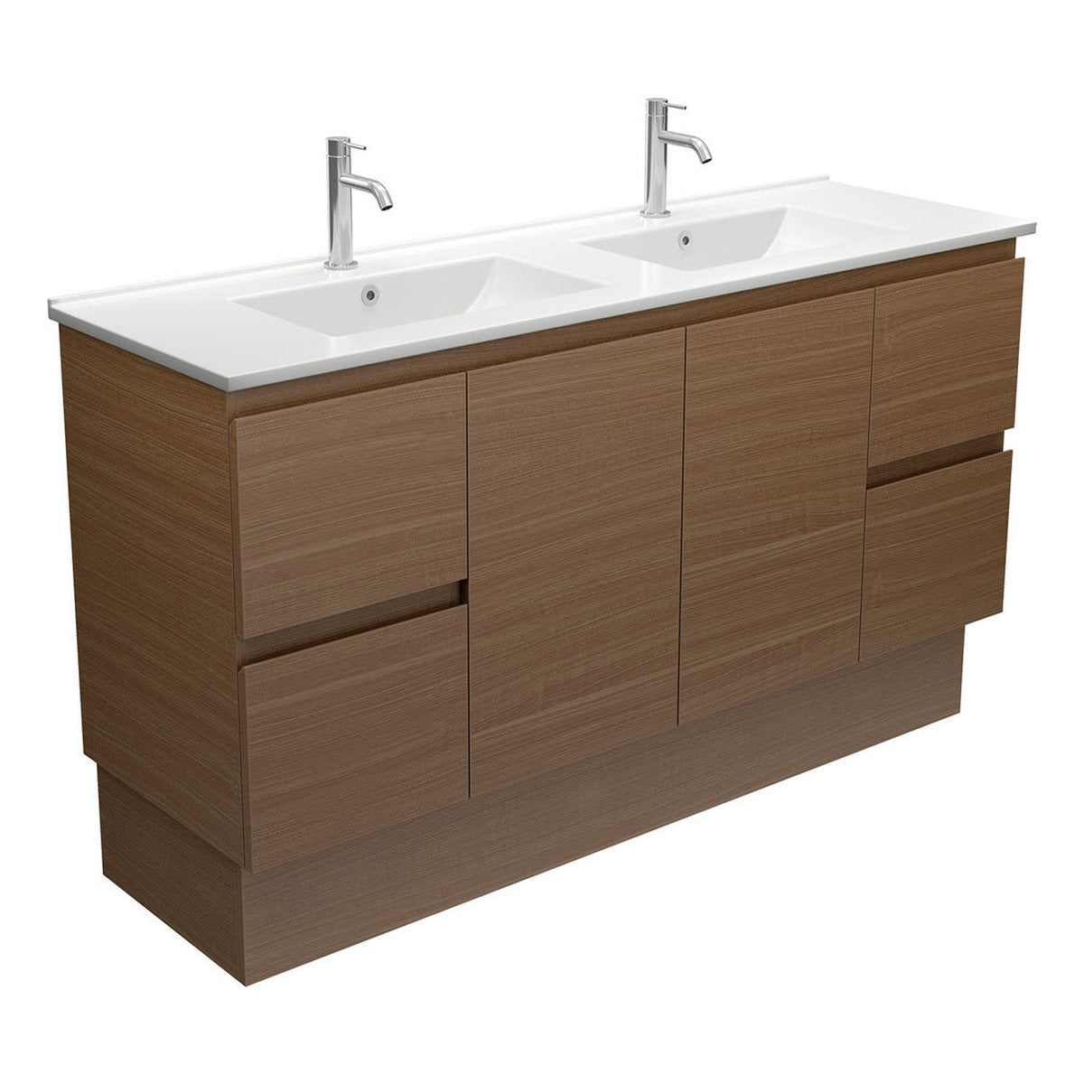 Fienza Dolce Edge Walnut 1500 Double Bowl Vanity On Kickboard