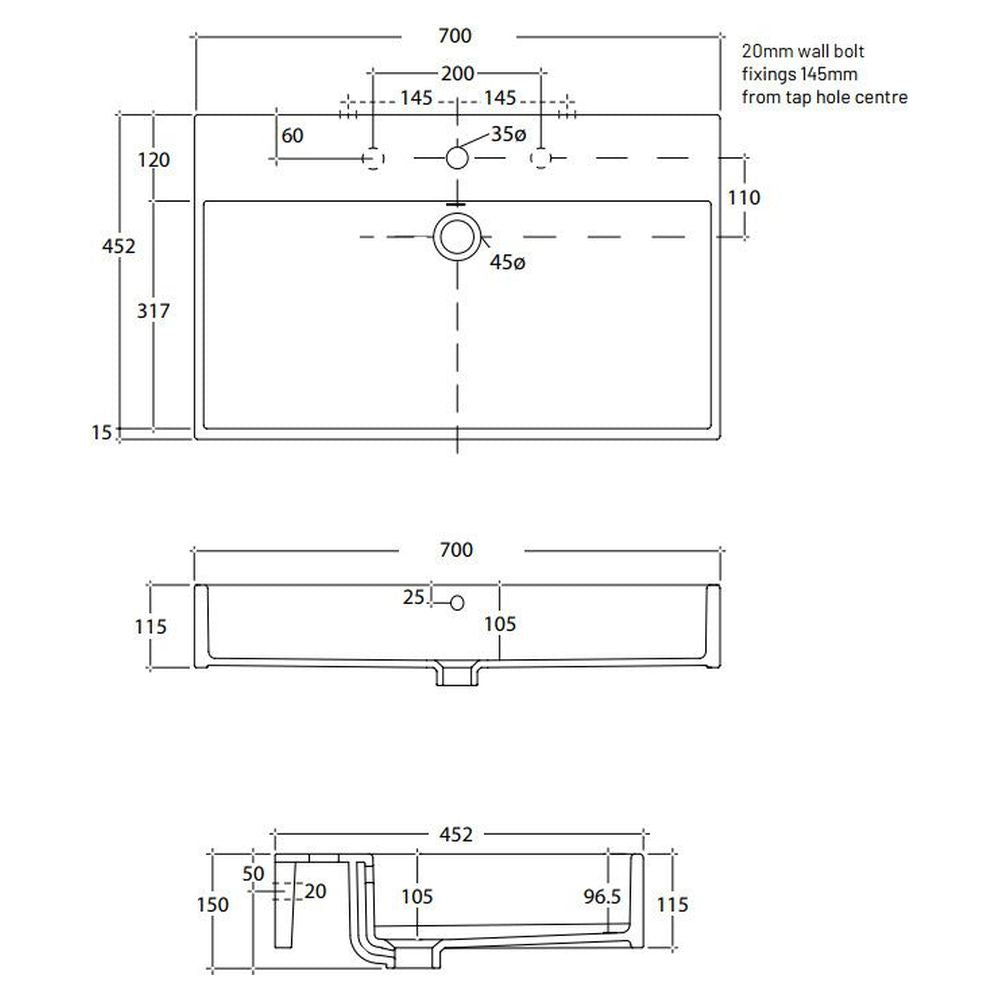 Studio Bagno Unlimited 70 Bench/Wall Basin - 3 Tapholes