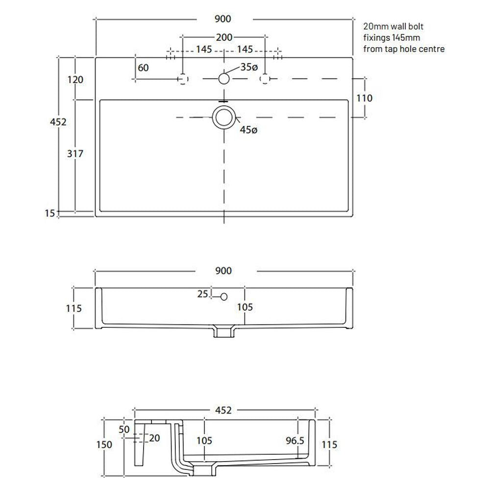 Studio Bagno Unlimited 90 Bench/Wall Basin - 3 Tapholes