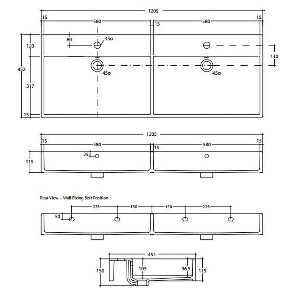 Studio Bagno Unlimited 120 Bench/Wall Basin - 6 Tapholes