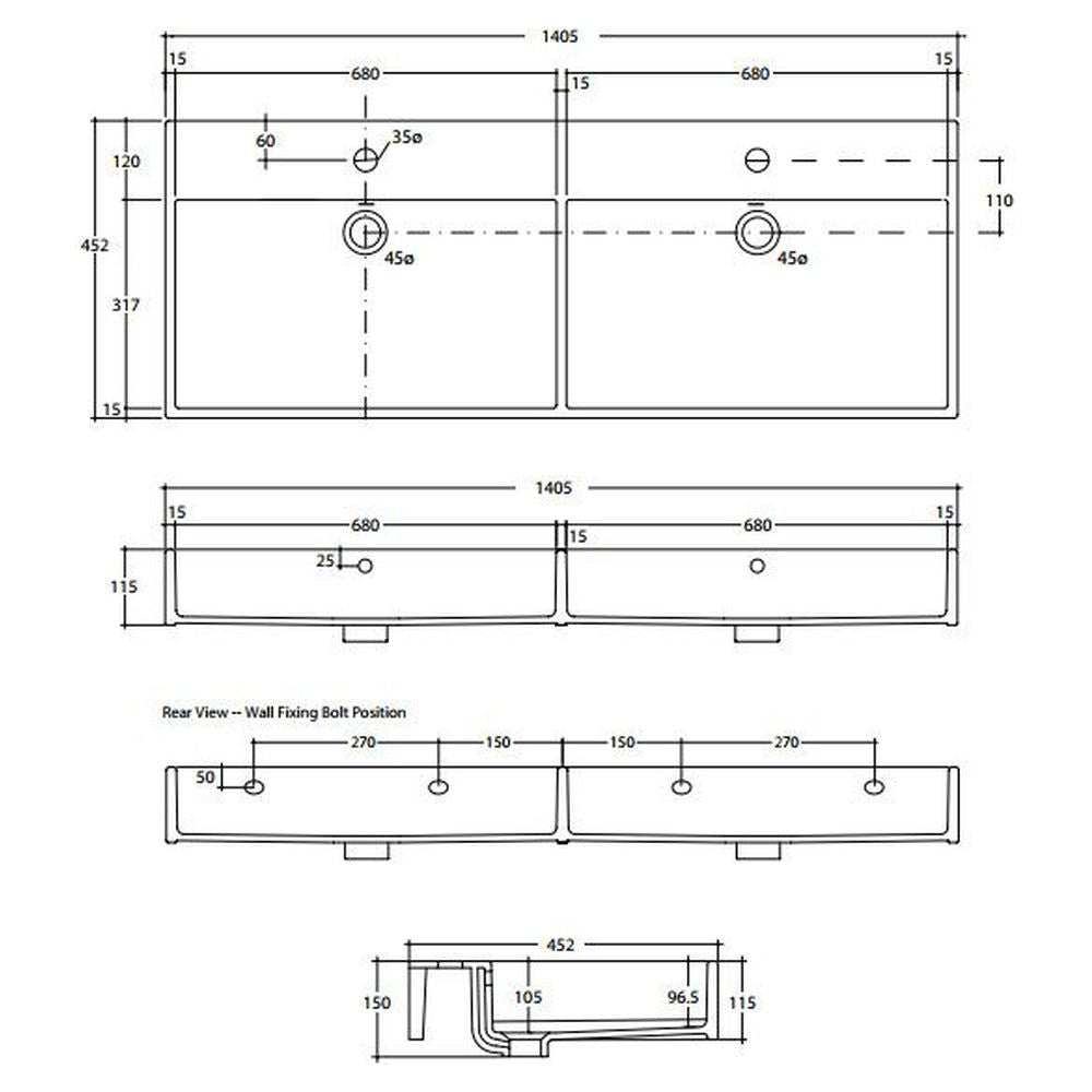 Studio Bagno Unlimited 140 Bench/Wall Basin - 6 Tapholes