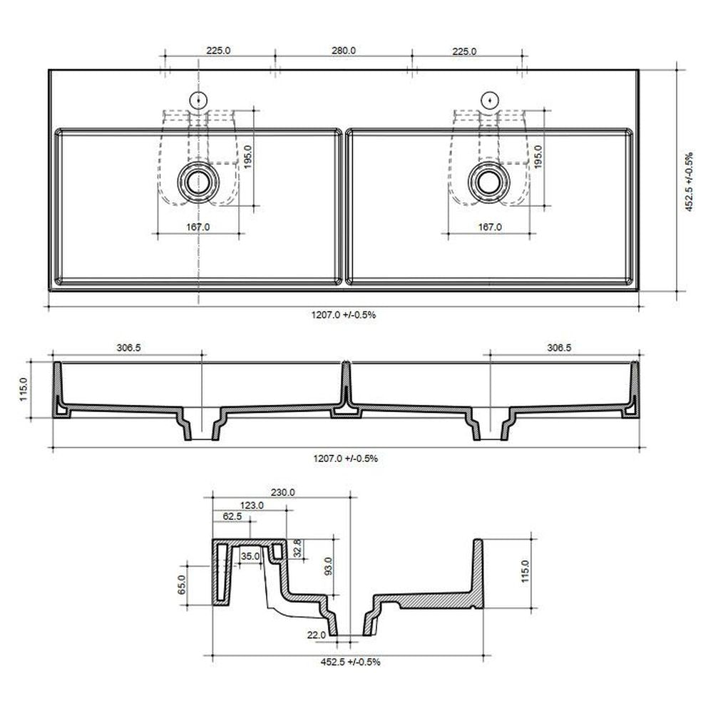 Studio Bagno Unlimited 120 V2 Double Bowl Bench/Wall Basin - 2 Tapholes