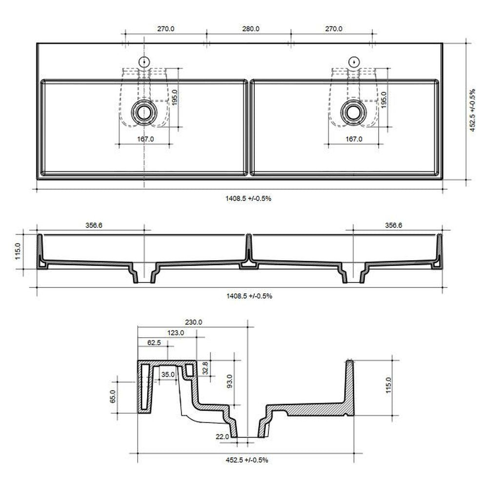 Studio Bagno Unlimited 140 V2 Double Bowl Bench/Wall Basin - 2 Tapholes