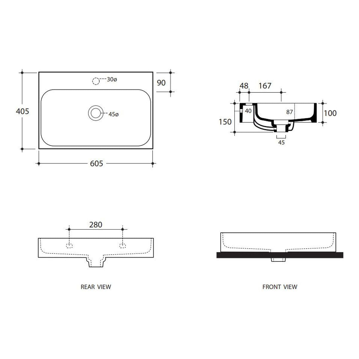 Studio Bagno Unit 60 Bench/Wall Basin - 1 Taphole