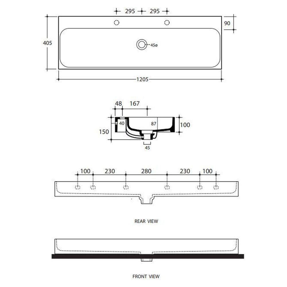 Studio Bagno Unit 120 Bench/Wall Basin - 2 Tapholes
