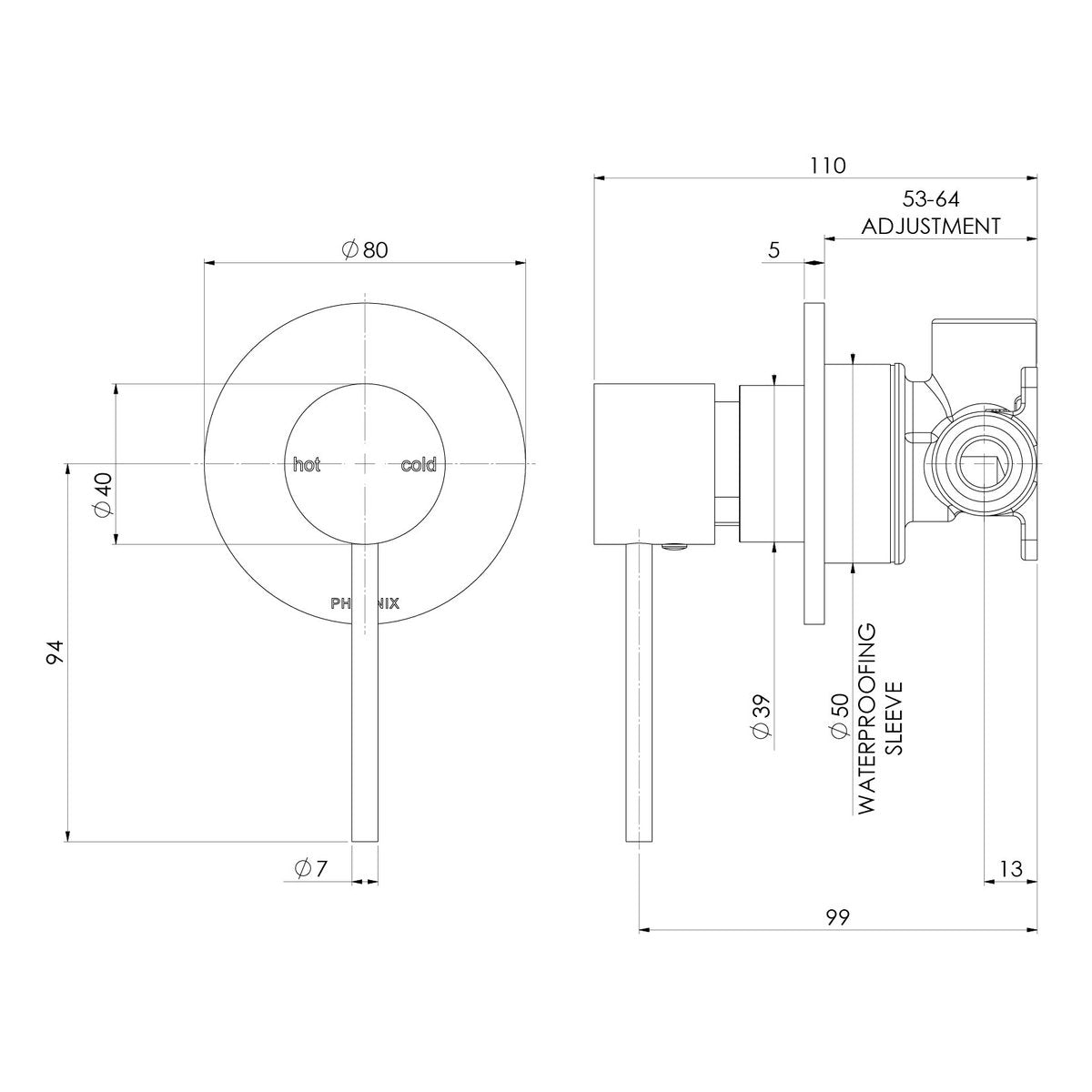 Phoenix Vivid Slimline SwitchMix Wall/Shower Mixer (Complete Kit)- Lead Free, Chrome
