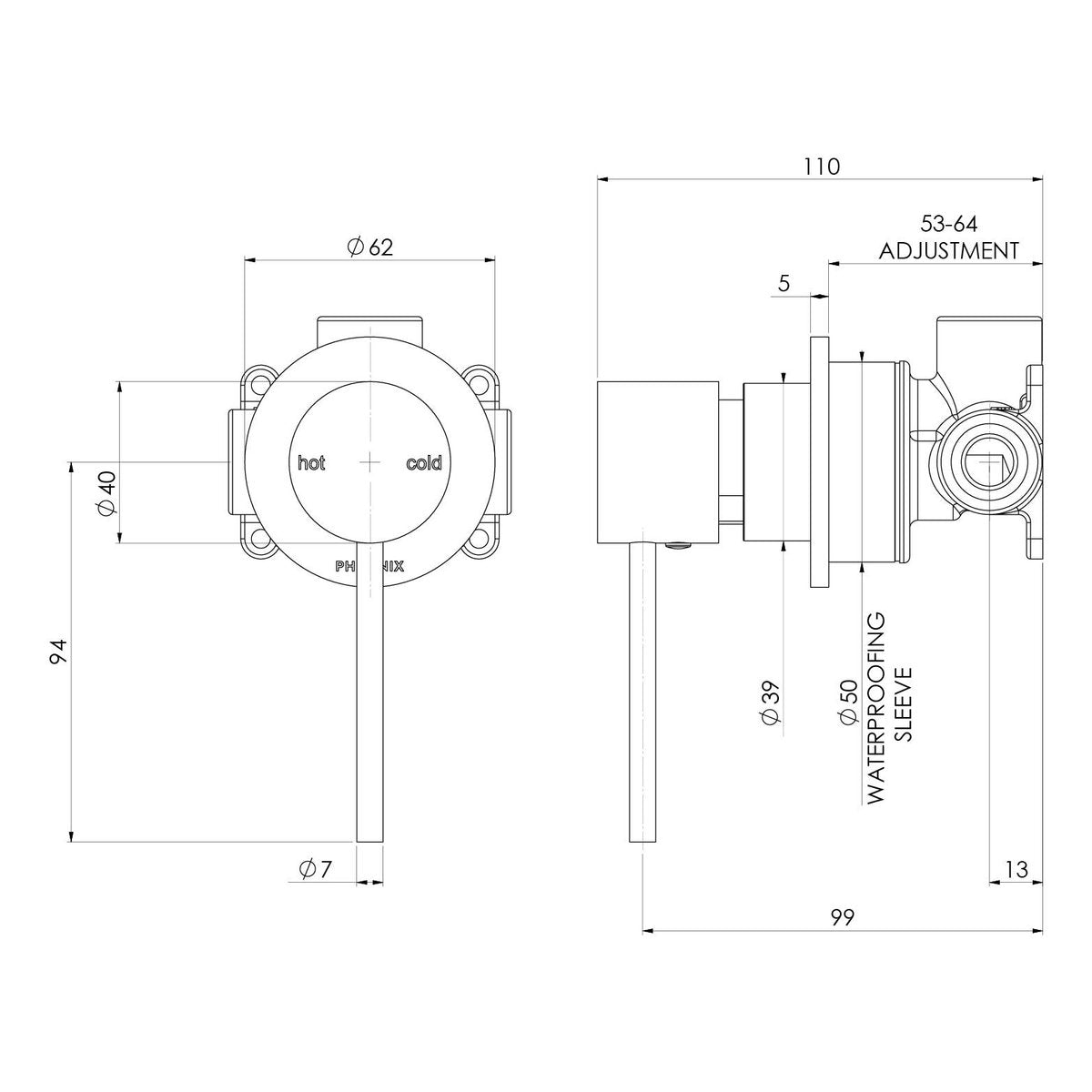 Phoenix Vivid Slimline SwitchMix Shower/Wall Mixer 60mm Backplate (Fit-Off Kit Only), Lead Free, Chrome