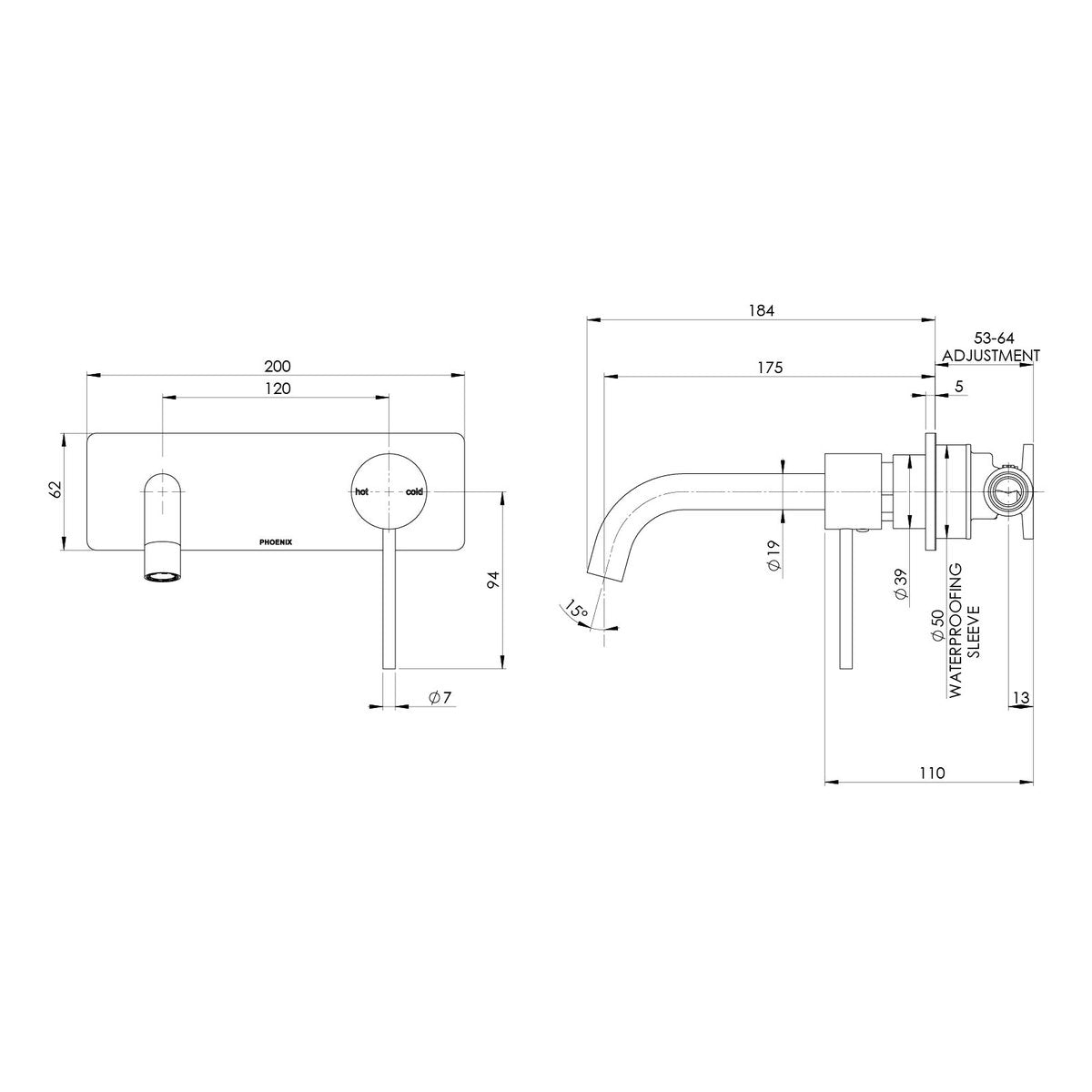 Phoenix Vivid Slimline SwitchMix Wall Basin/Bath Mixer Set 180mm (Complete Kit), Lead Free, Chrome