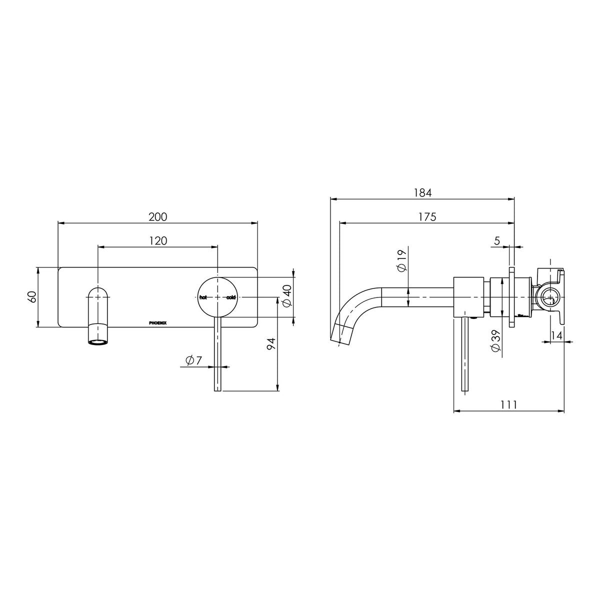 Phoenix Vivid Slimline SwitchMix Wall Basin/Bath Mixer Set 180mm (Complete Kit) - Lead Free, Brushed Carbon