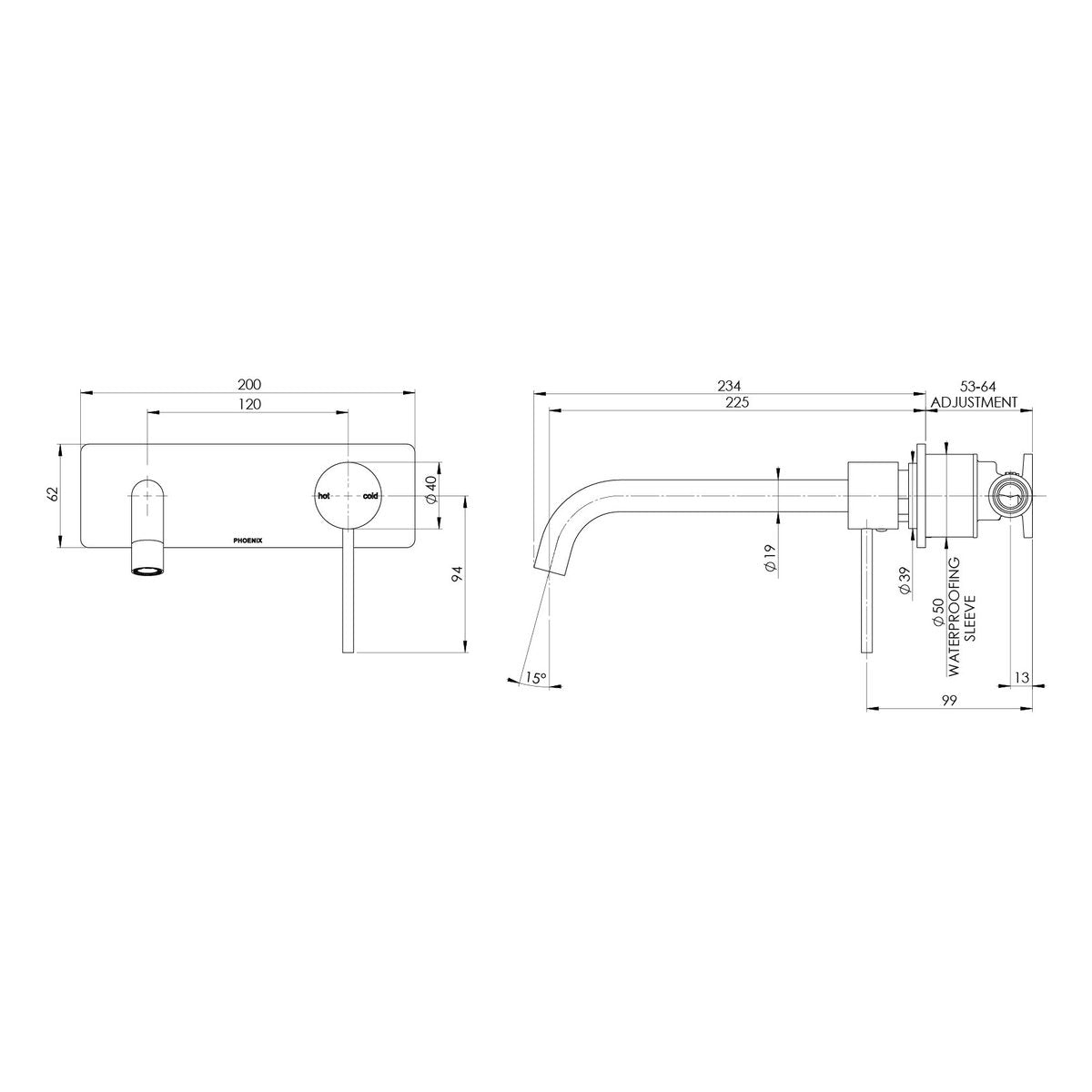 Phoenix Vivid Slimline SwitchMix Wall Basin/Bath Mixer Set 230mm (Complete Kit), Lead Free, Brushed Gold