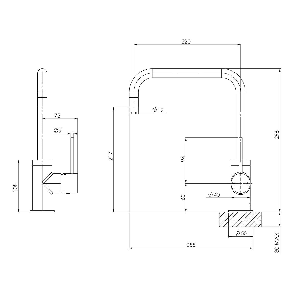 Phoenix Vivid Slimline Sink Mixer 220mm Squareline, Lead Free, Matte Black