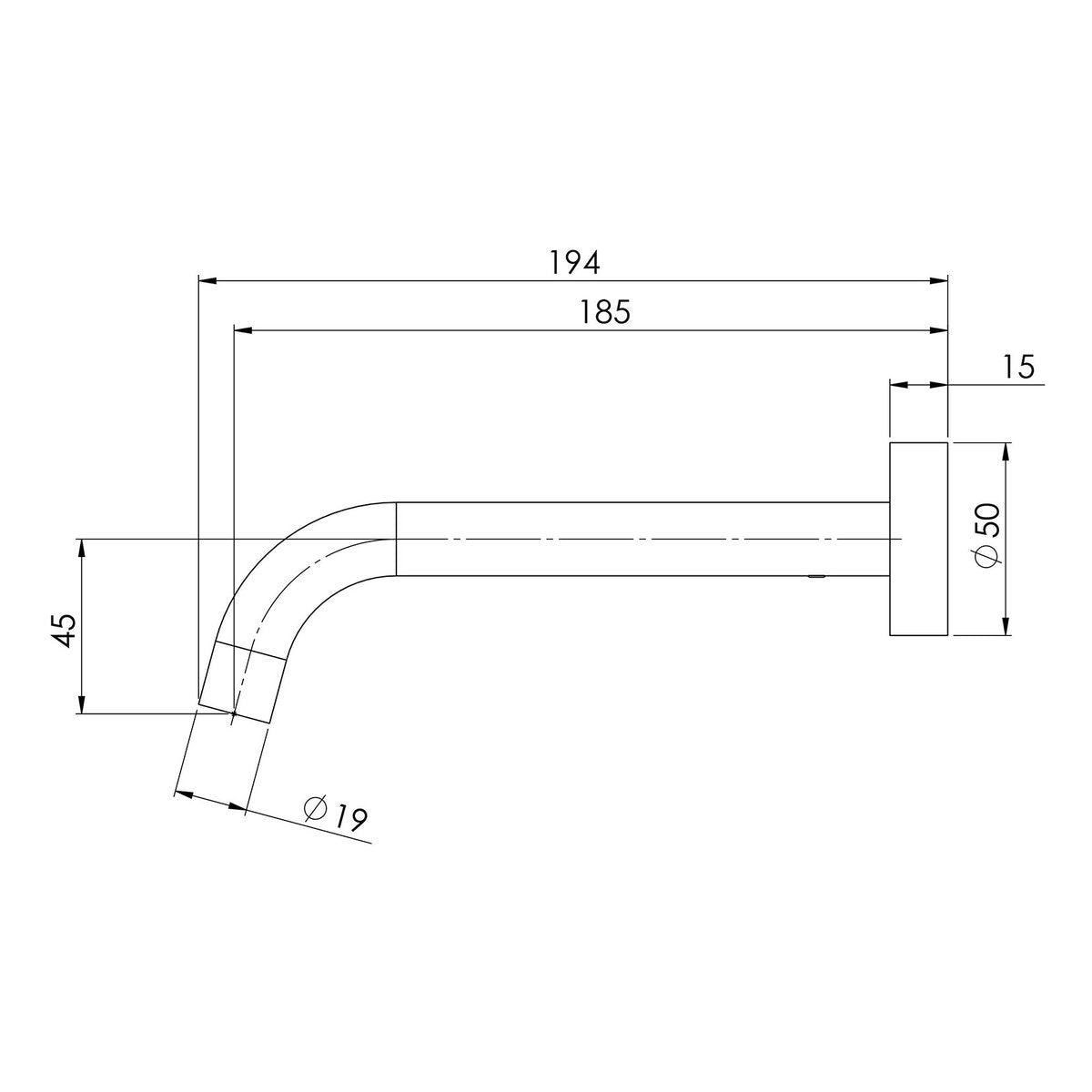 Phoenix Vivid Slimline Wall Bath Outlet 180mm Curved, Lead Free, Chrome
