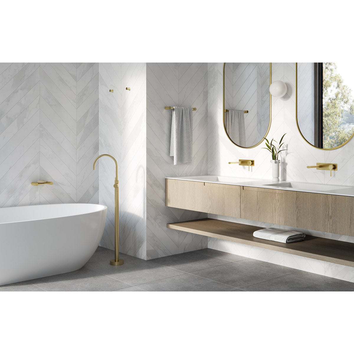 Phoenix Vivid Slimline Oval SwitchMix Wall Basin / Bath Mixer Set 175mm (Complete Kit), Lead Free -Brushed Gold