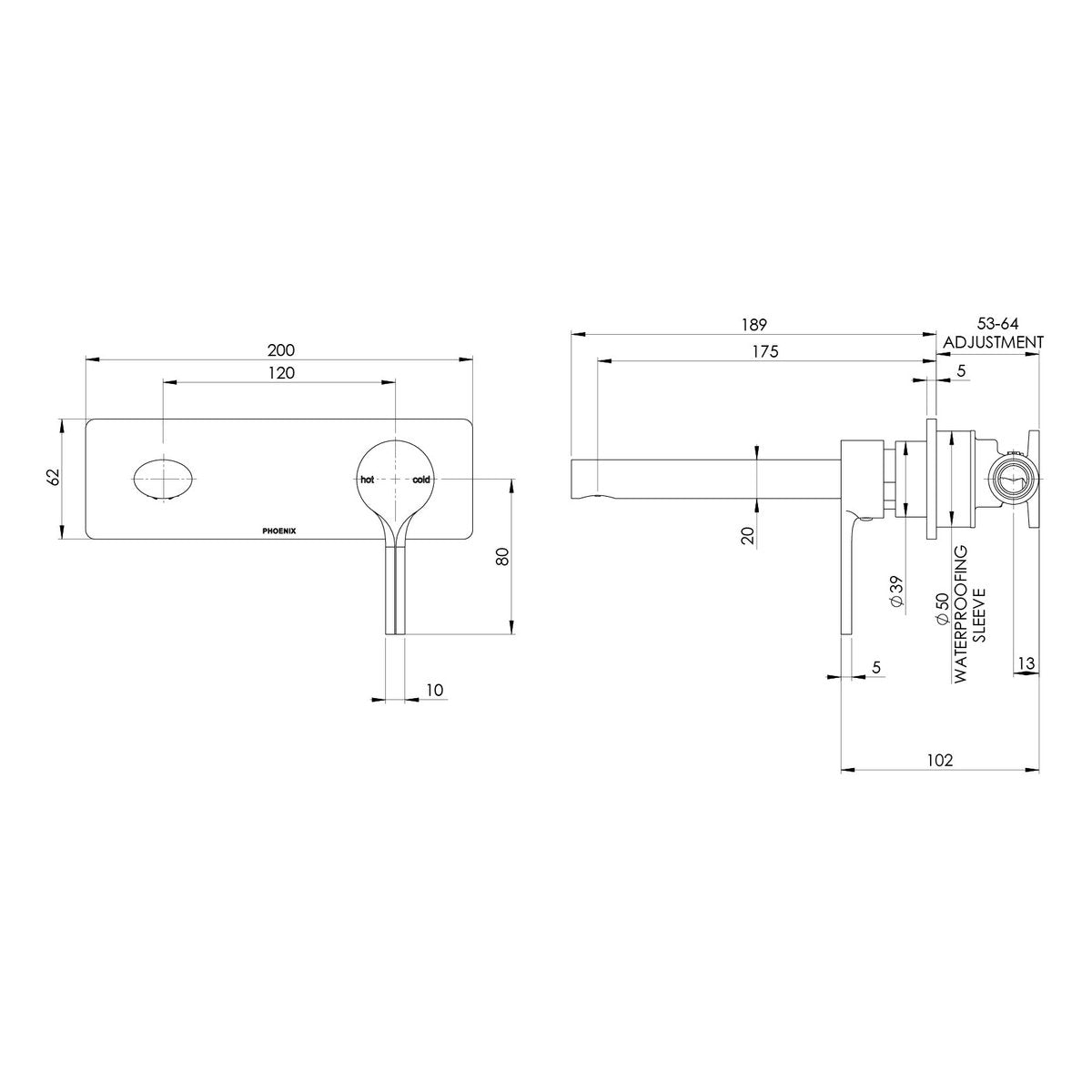Phoenix Vivid Slimline Oval SwitchMix Wall Basin/Bath Mixer Set 175mm (Fit-Off Kit Only), Lead Free, Chrome