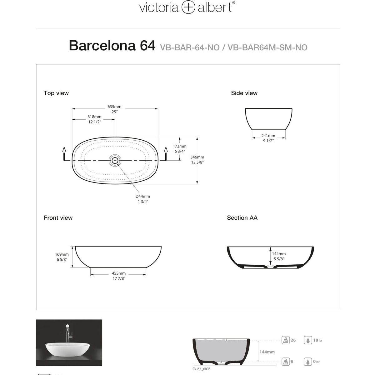 Victoria + Albert Barcelona 64 Basin, Matte White