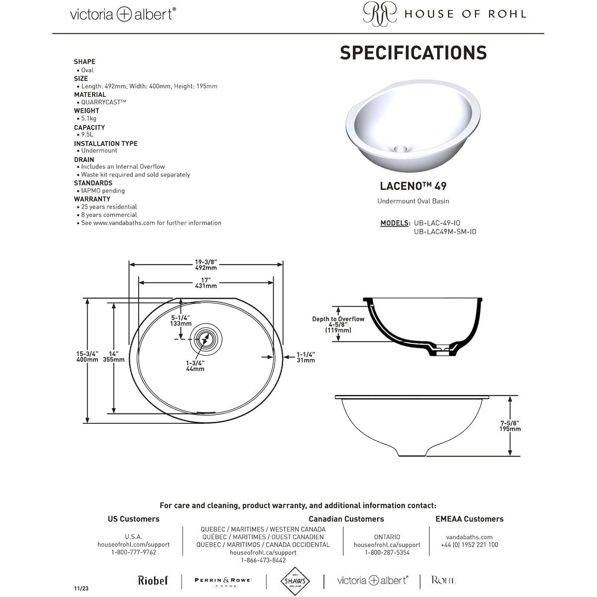 Victoria + Albert Laceno 49 Oval Undermount Basin With Internal Overflow, Gloss White