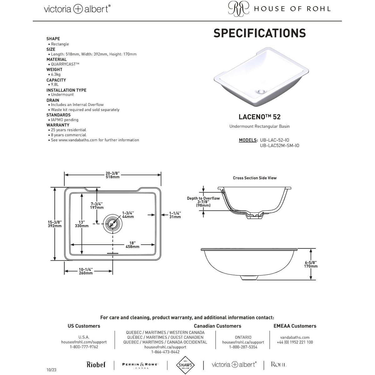 Victoria + Albert Laceno 52 Rectangular Undermount Basin With Internal Overflow, Matte White