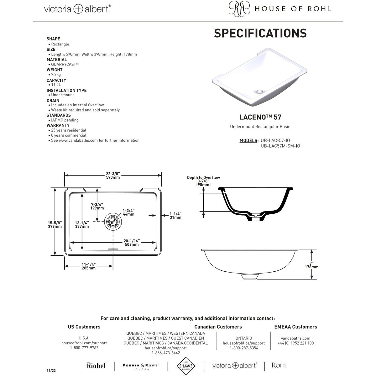 Victoria + Albert Laceno 57 Rectangular Undermount Basin With Internal Overflow, Matte White