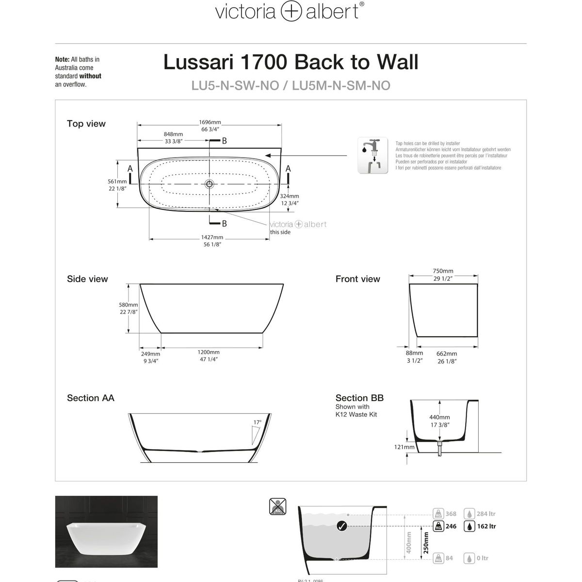 Victoria + Albert Lussari 1700 Back to Wall Bath, Matte White