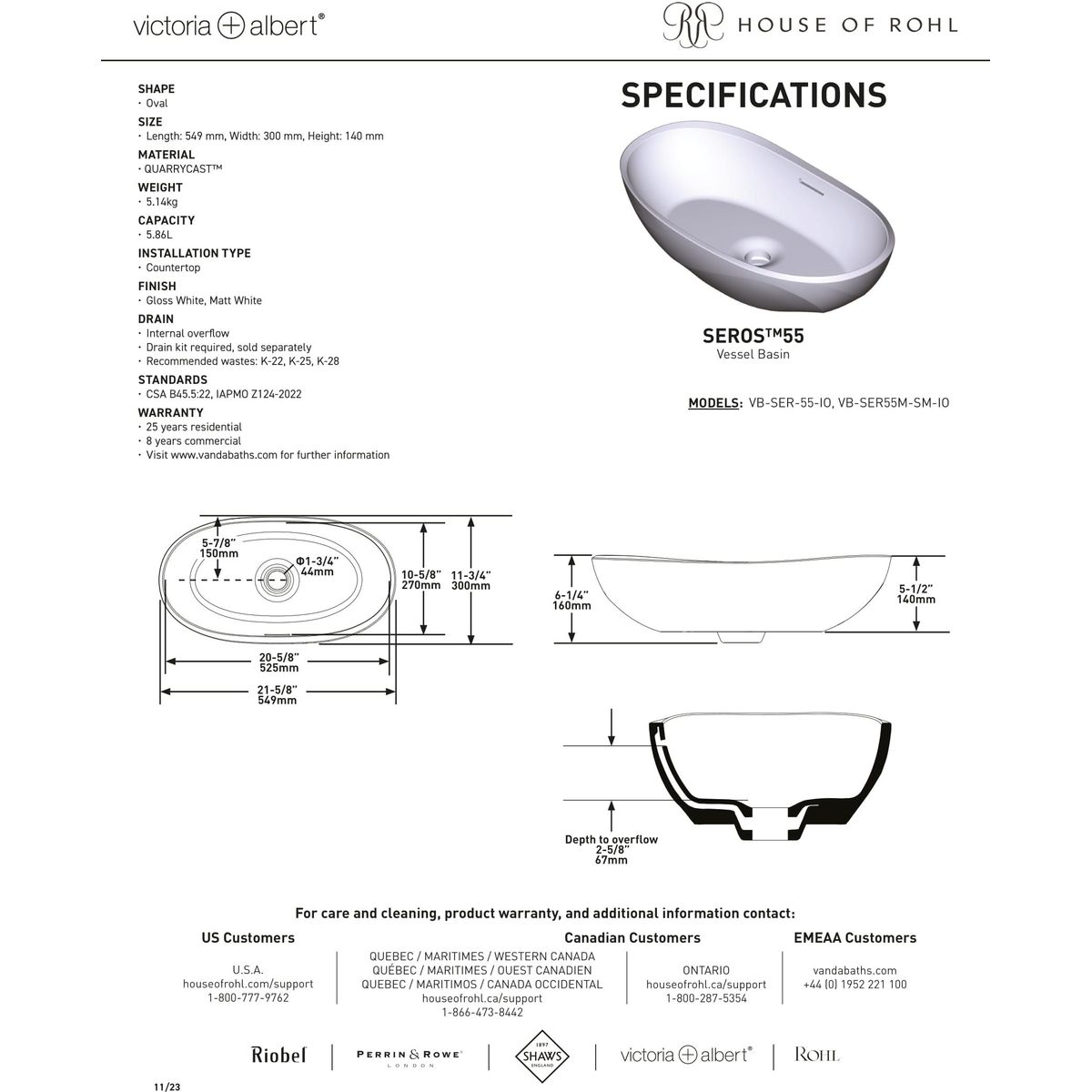 Victoria + Albert Seros 55 Basin, Matte White