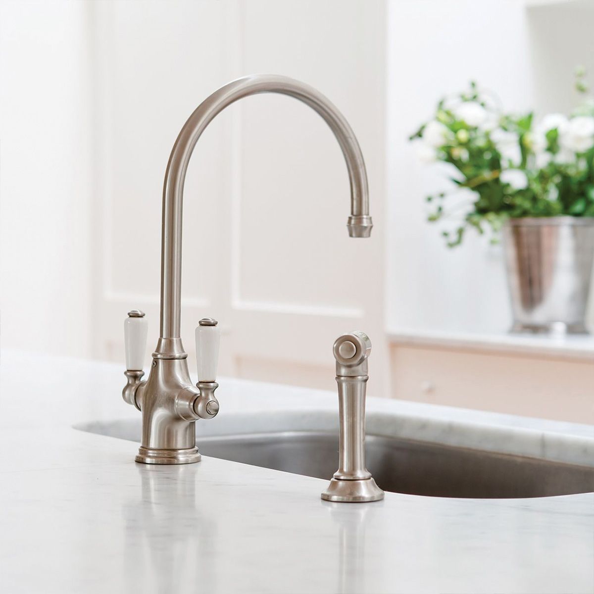 Shaws by Perrin & Rowe Ribble Kitchen Mixer with Spray Rinse, Lead Free, Pewter