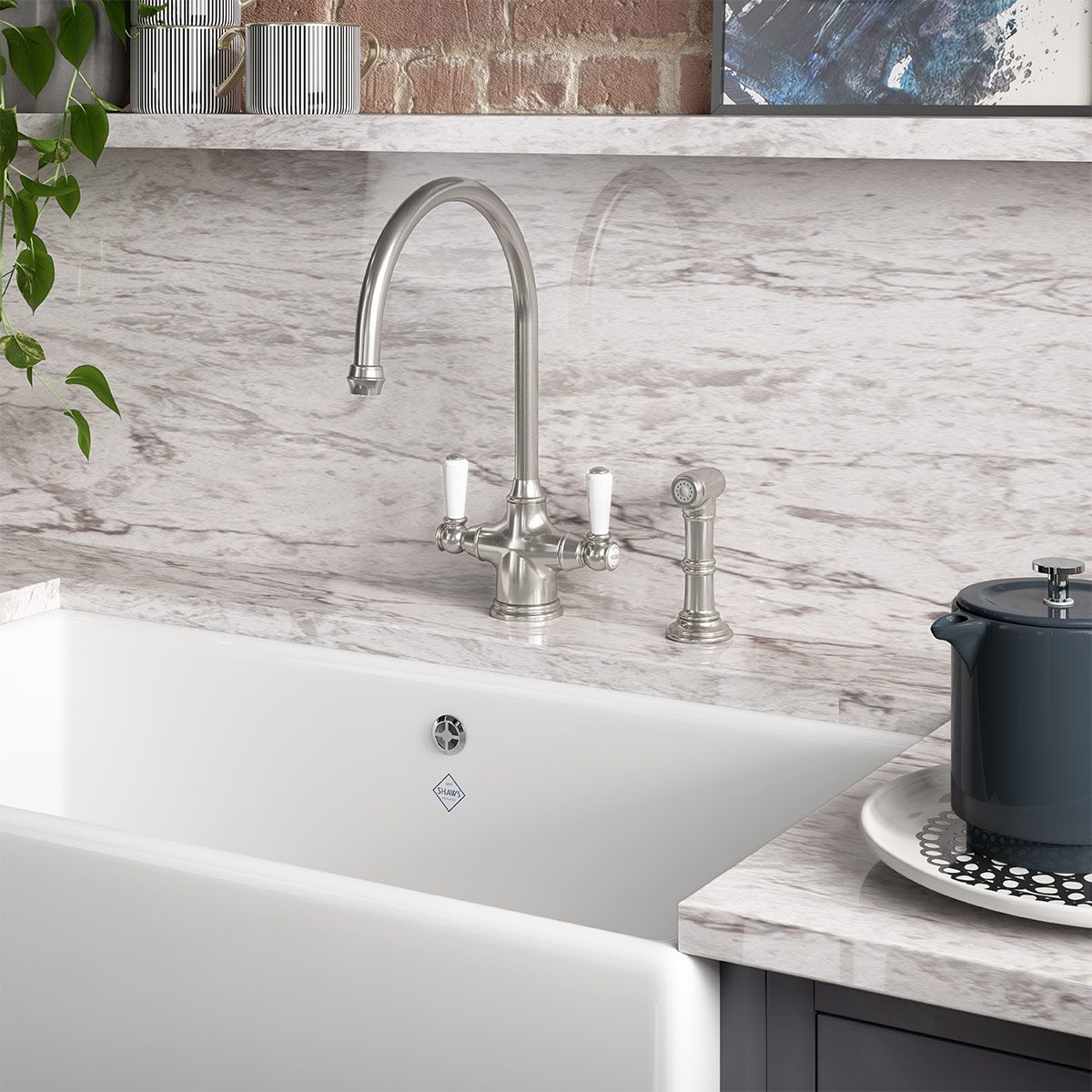 Shaws by Perrin & Rowe Ribble Kitchen Mixer with Spray Rinse, Lead Free, Pewter