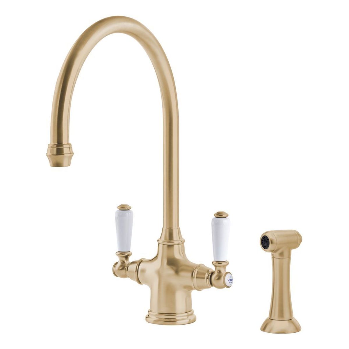 Shaws by Perrin & Rowe Ribble Kitchen Mixer with Spray Rinse, Lead Free, Satin Brass