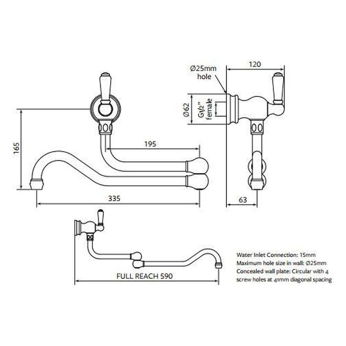 Shaws by Perrin & Rowe Wall Mounted Pot Filler, Lead Free, Pewter