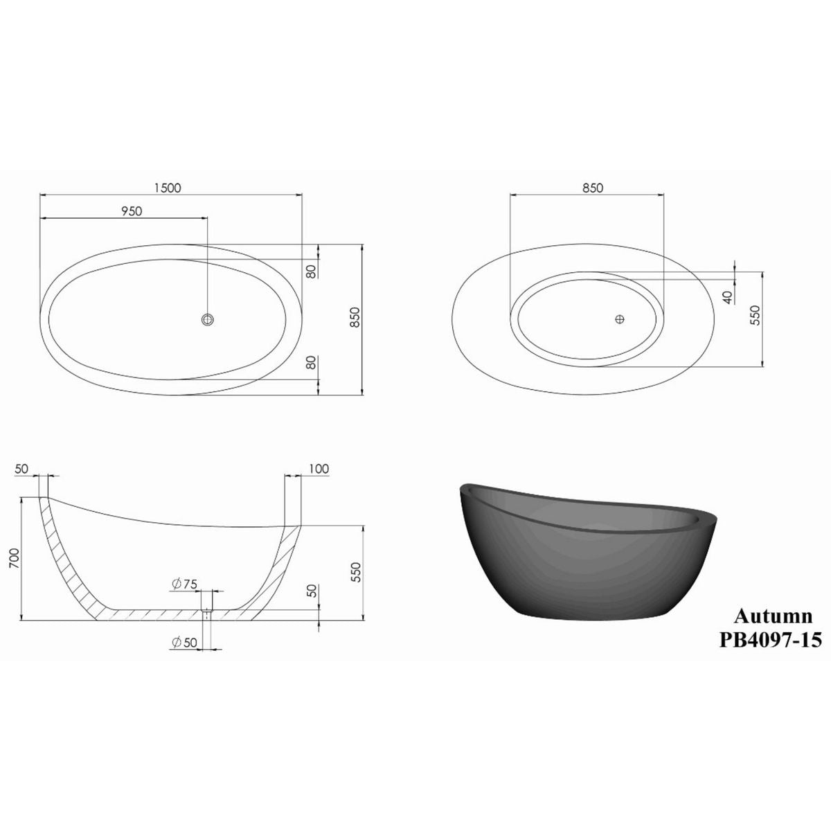 Autumn 1500mm Freestanding Bathtub