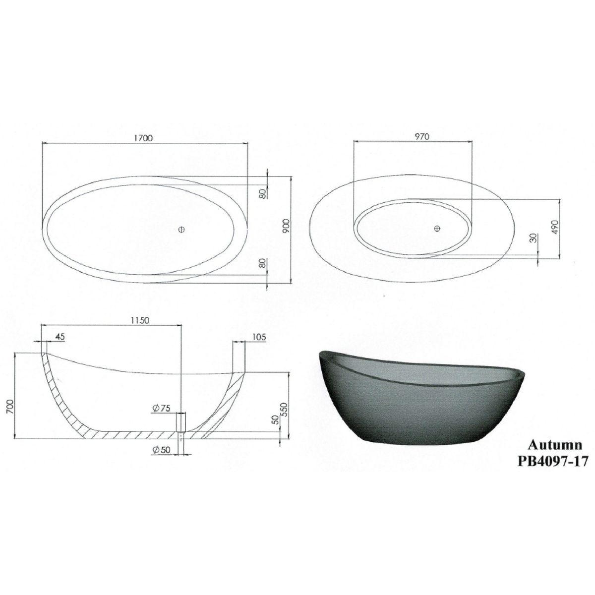 Autumn 1700mm Freestanding Bathtub