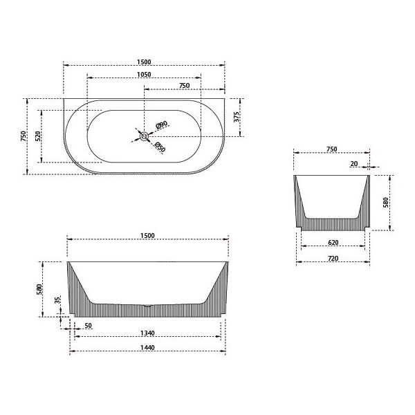 Bao Fluted 1500mm Back to Wall Bath in Matte White