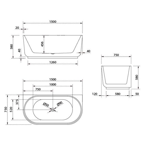 Bao Elegant 1500mm Back to Wall Bath in Gloss White