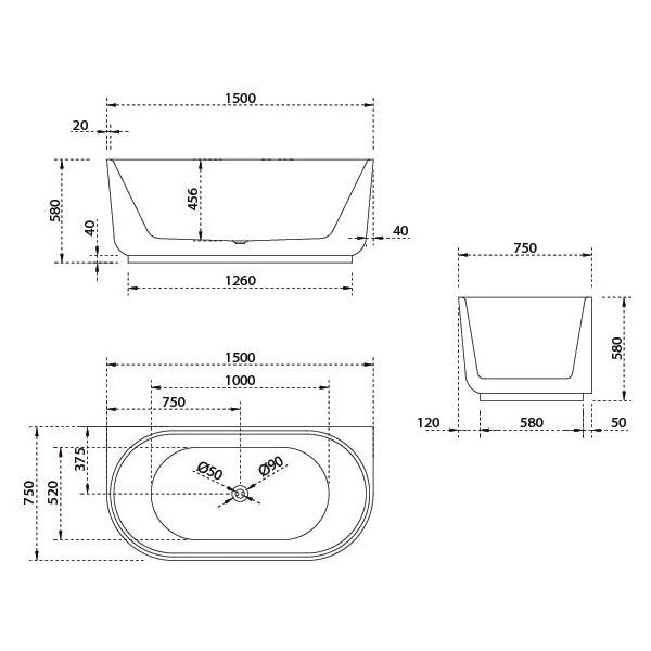 Bao Elegant 1500mm Back to Wall Bath in Matte White