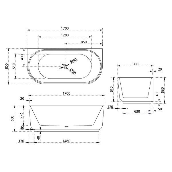 Bao Elegant 1700mm Back to Wall Bath in Gloss White