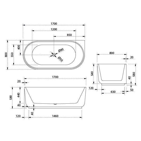 Bao Elegant 1700mm Back to Wall Bath in Matte White