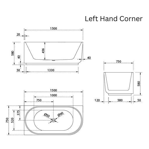 Bao Elegant 1500mm Back to Corner Bath in Matte White - Left Hand