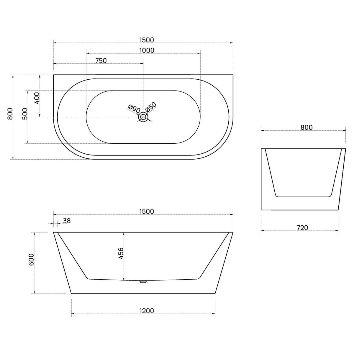 Bao Bon 1500mm Back to Wall Bath in Gloss White