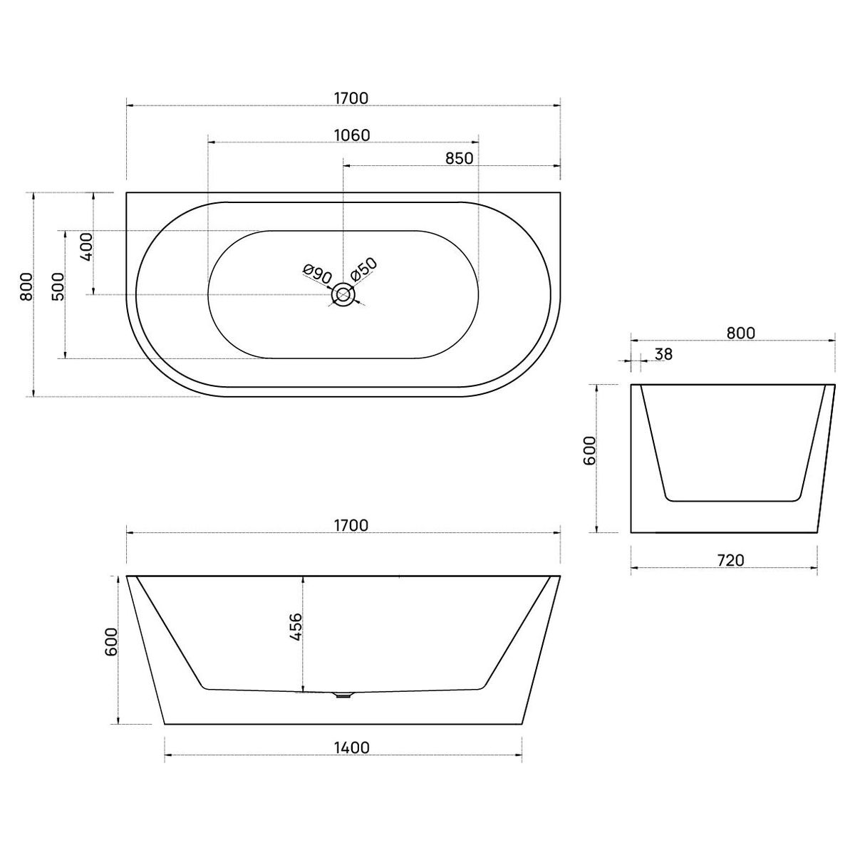 Bao Bon 1700mm Back to Wall Bath in Gloss White