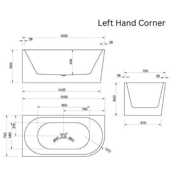 Bao Bon 1500mm Back to Corner Bath in Gloss White - Left Hand
